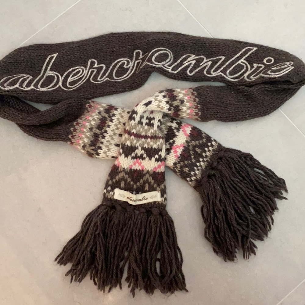 Abercrombie women girls embroidered logo brown ivory pink scarf tassel Y2K